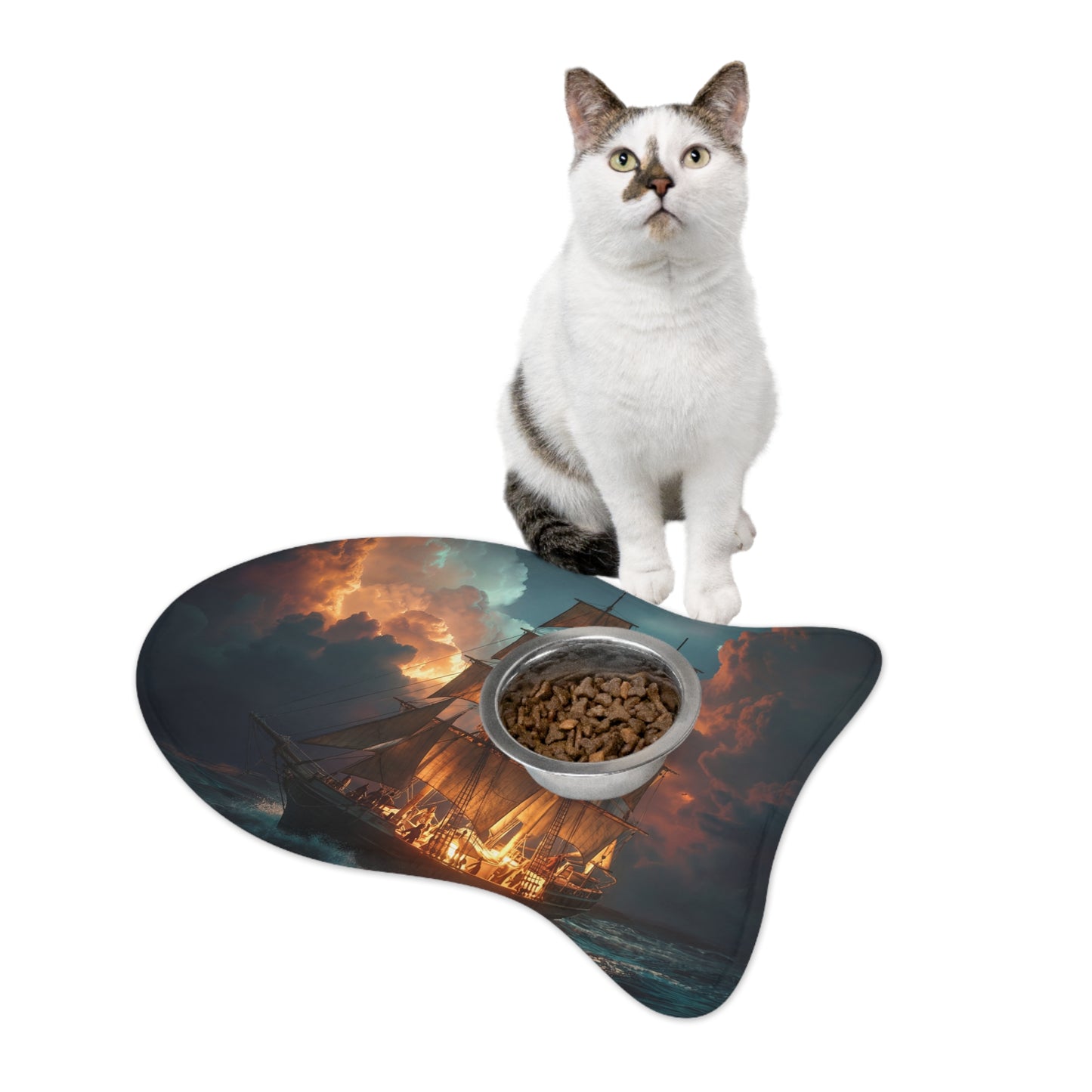 Storm-Beaten Galleon Pet Feeding Mats – Golden Sails on Tempestuous Seascape