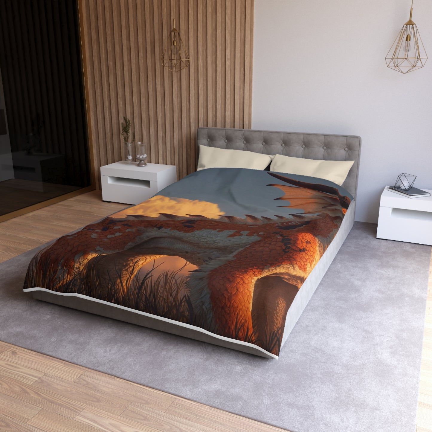 Sunset Sentinel Dragon Microfiber Duvet Cover – Warm Amber Glow in Wild Grass