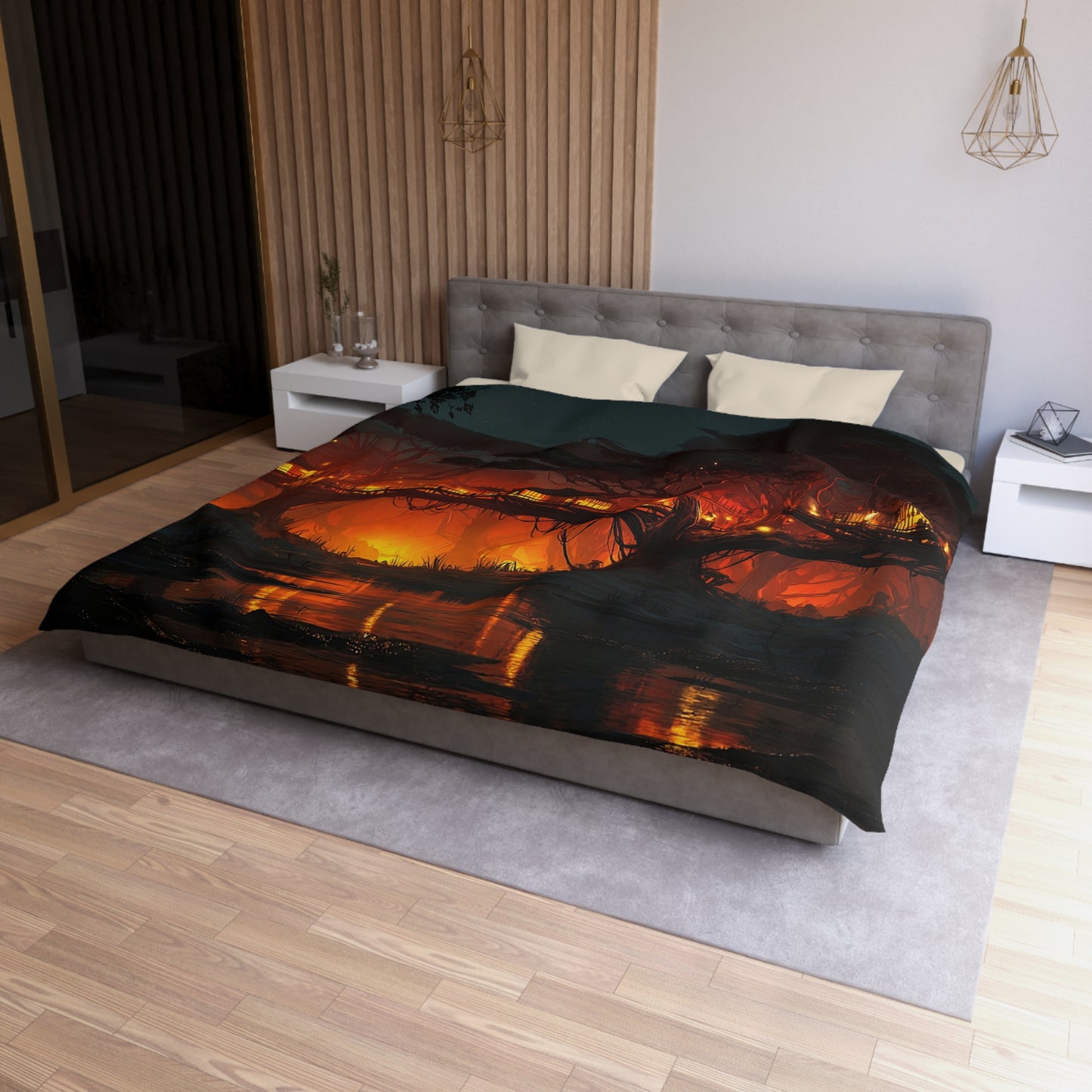 Treehouse Village Duvet Cover – Warm Glow Under Starlit Canopy