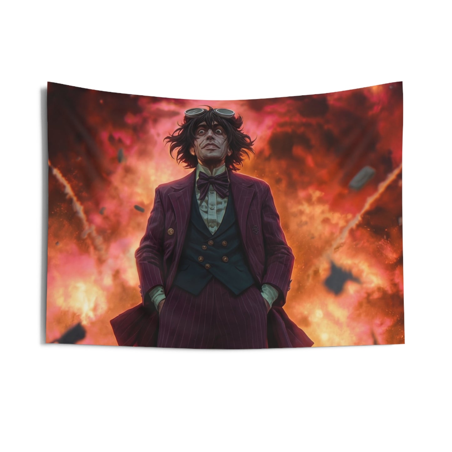 Goggles-Wearer Amidst Crimson Explosion Indoor Wall Tapestries – Calm in the Chaos
