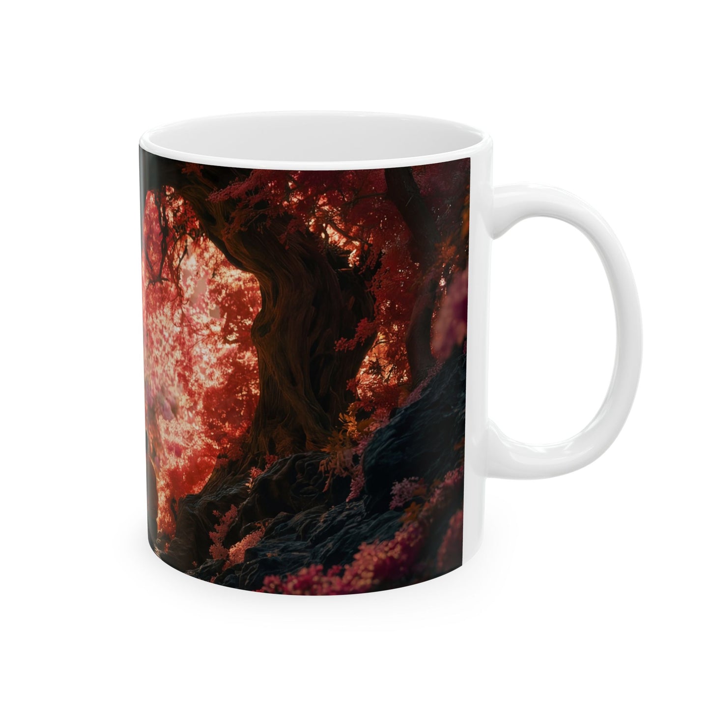 Crimson Canopy Ceramic Mug – Whispers of a Love-Spun Forest