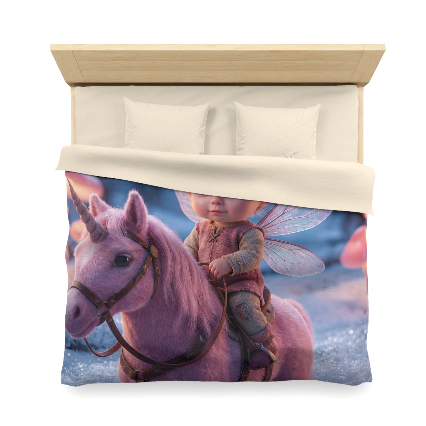 Winged Elf Riding Pink Unicorn Duvet Cover – Winter Mushroom Grove Dreamscape
