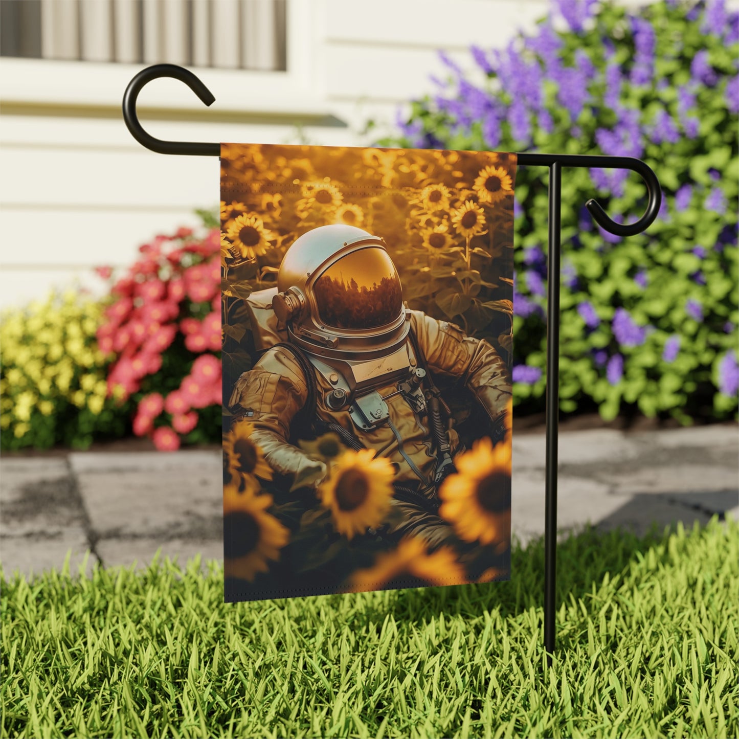 high texture quality photo of biomechanical astronaut lying in a meadow of sunflowers, golden hour, Leica 50mm, f1. 4, night - Garden & House Banner