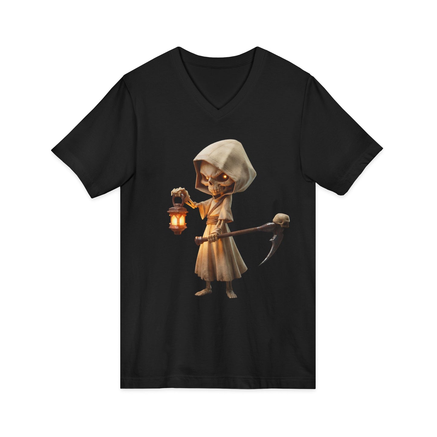 Lantern-Bearing Skeleton Hooded Tee – Rustic Reaper Guardian V-Neck Shirt
