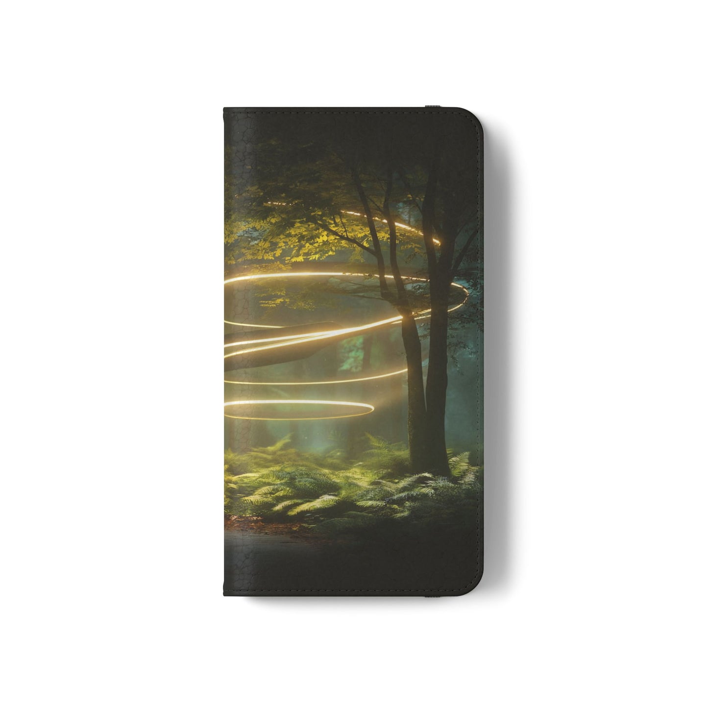 Luminous Spiral Forest Flip Cases – Golden Light Rings Mystery Scene