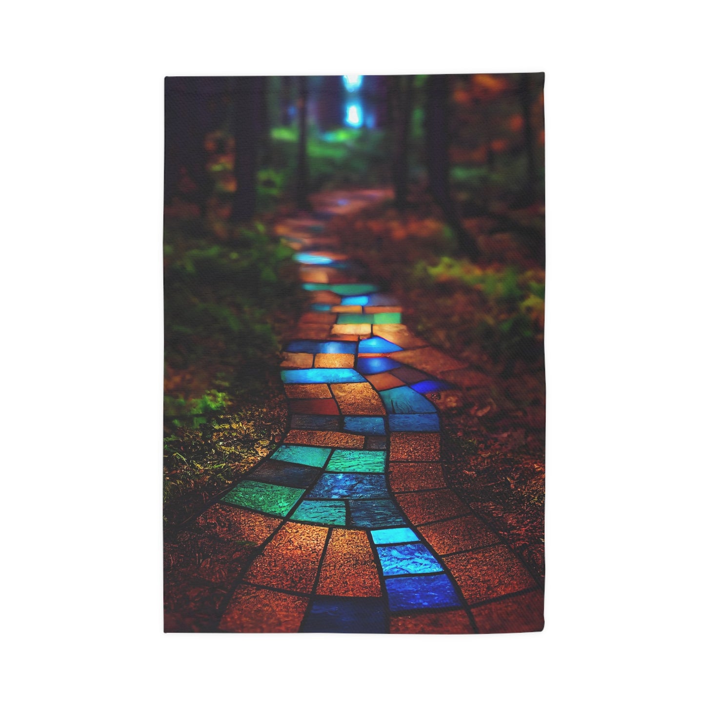 a path paved with stained glass winding through the forest. The path is made of beautiful brightly colored blue green red bronze luminous glass, high quality photograph - Dobby Rug