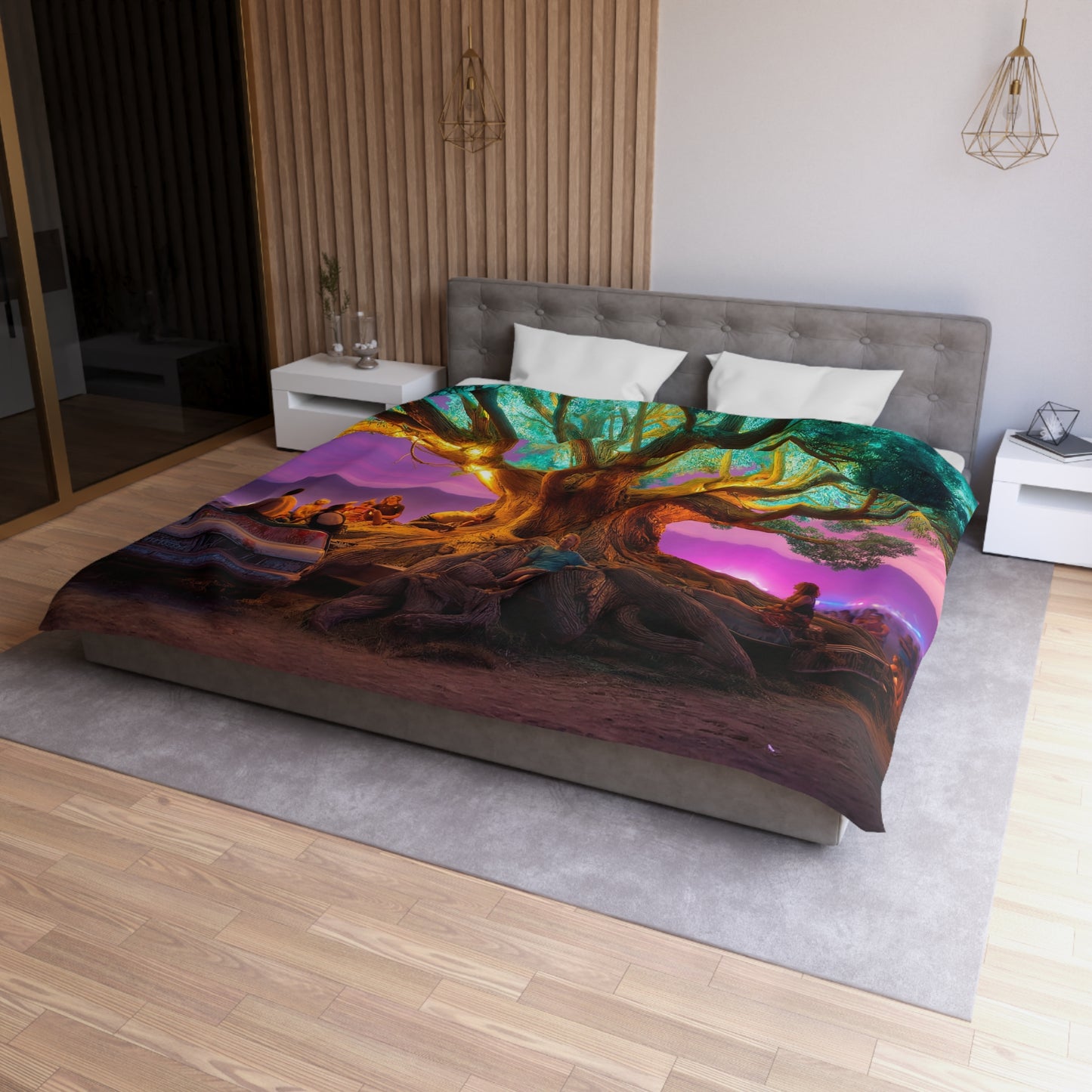 Celestial Tree Microfiber Duvet Cover – Twilight Gathering Under Neon Canopy