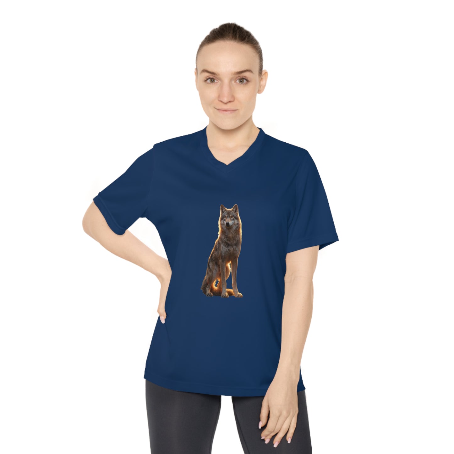 Golden Sentinel Wolf Women's Performance V-Neck T-Shirt – Amber Glow on Black
