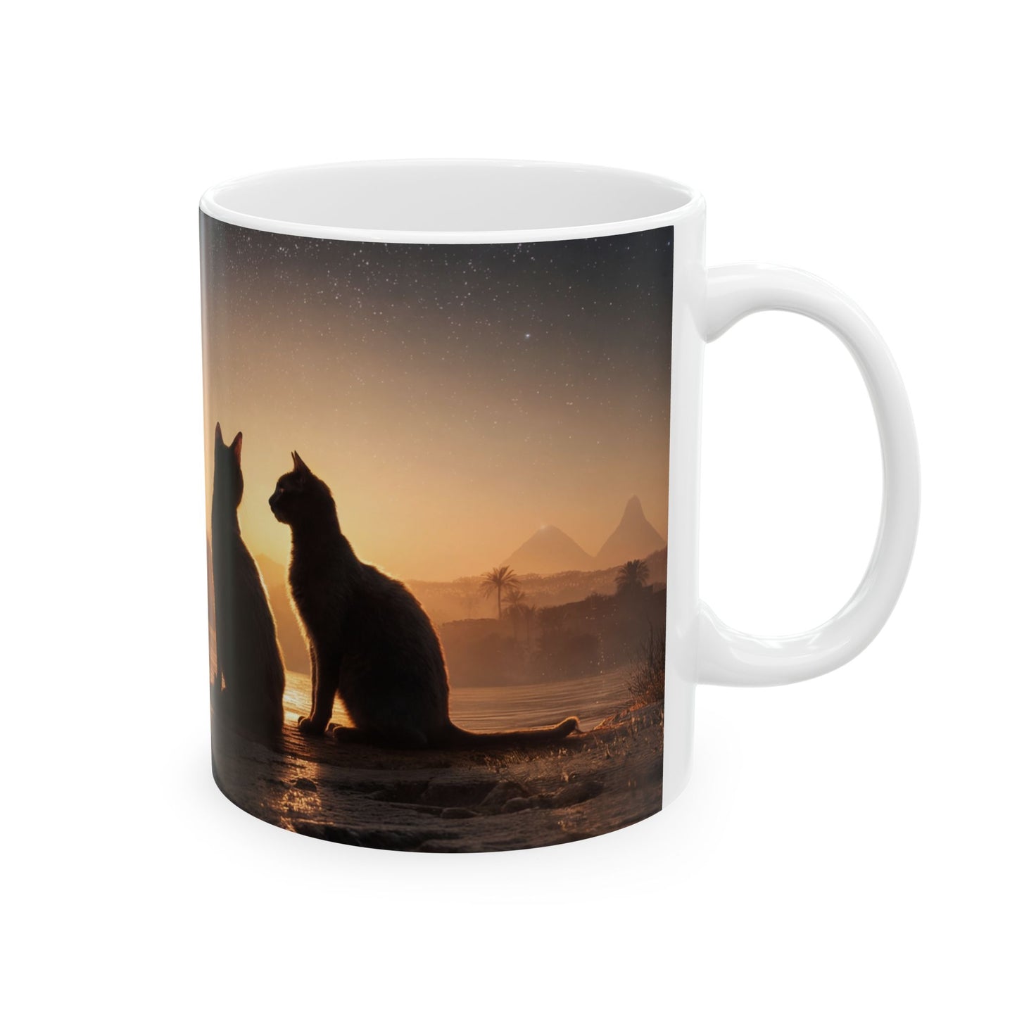 Starlit Pyramids Cat Mug – Ancient Nightwatchers Under Milky Way