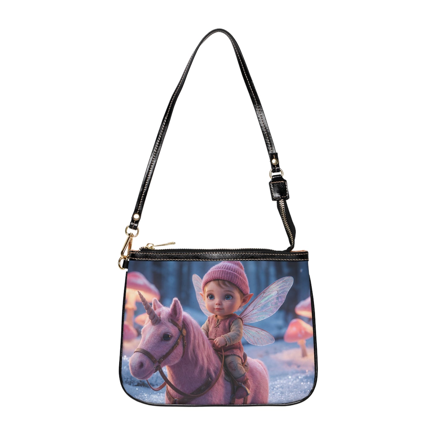 Fairy Riding Unicorn Small Shoulder Bag – Snowy Mushroom Grove Dreamscape