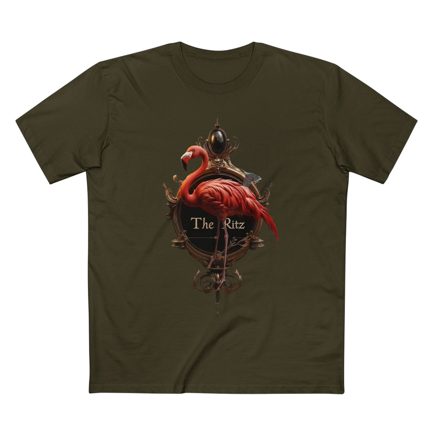 Crimson Flamingo The Ritz Tee – Ornate Gold Crest & Elegant Bird Art