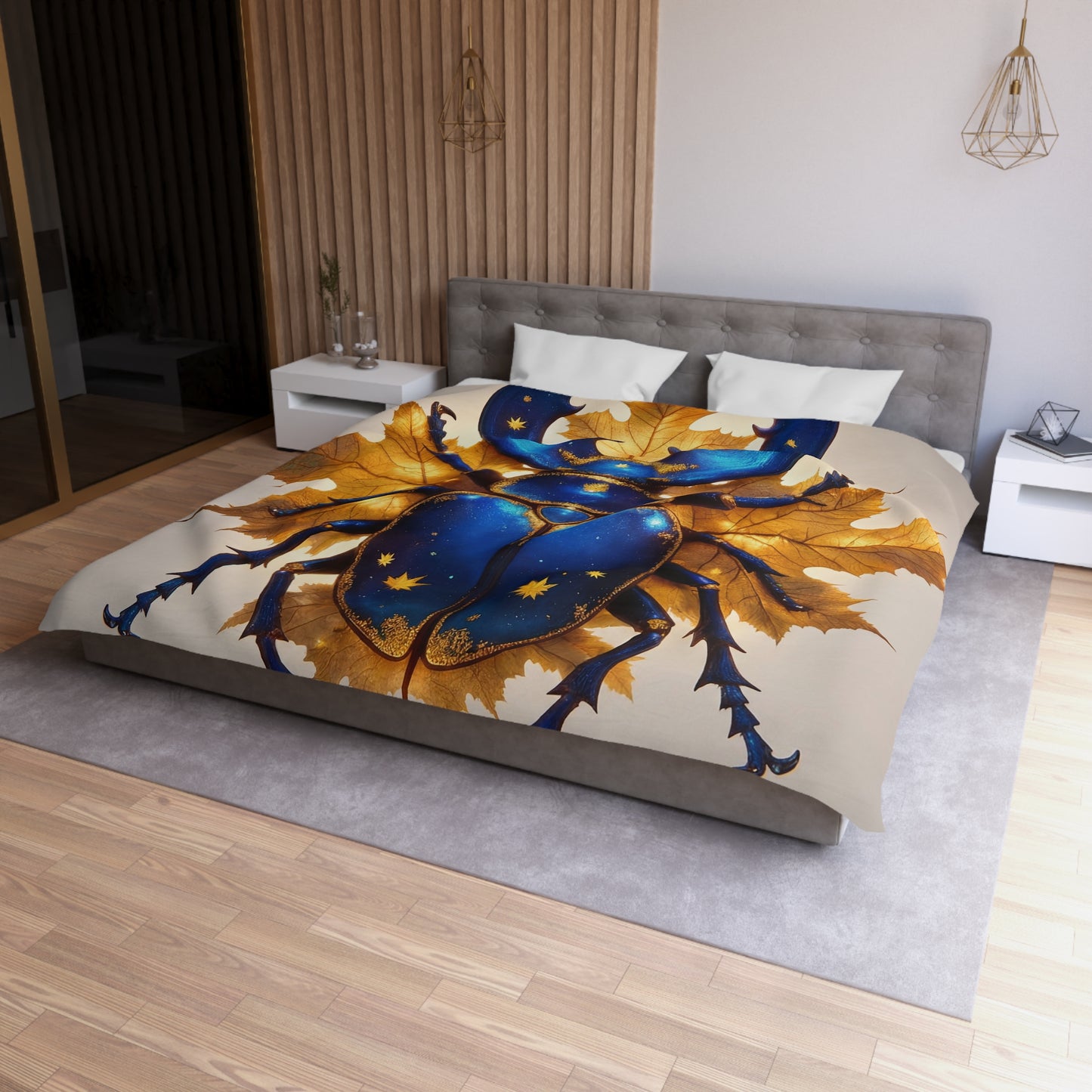 Celestial Beetle Microfiber Duvet Cover – Night Sky Guardian on Maple Leaves