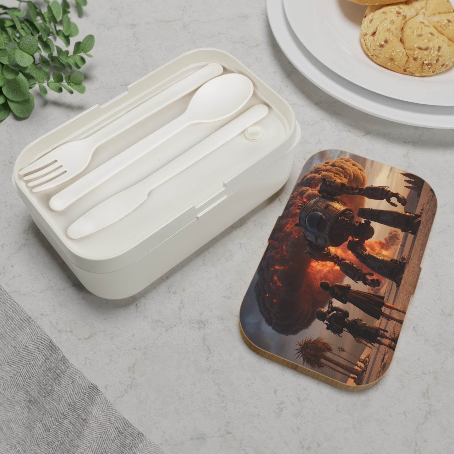 War Machine Over Desert Bento Lunch Box – Sunset Apocalypse Witness