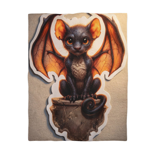Winged Feline Guardian Microfiber Duvet Cover – Amber Glow in Midnight Stillness
