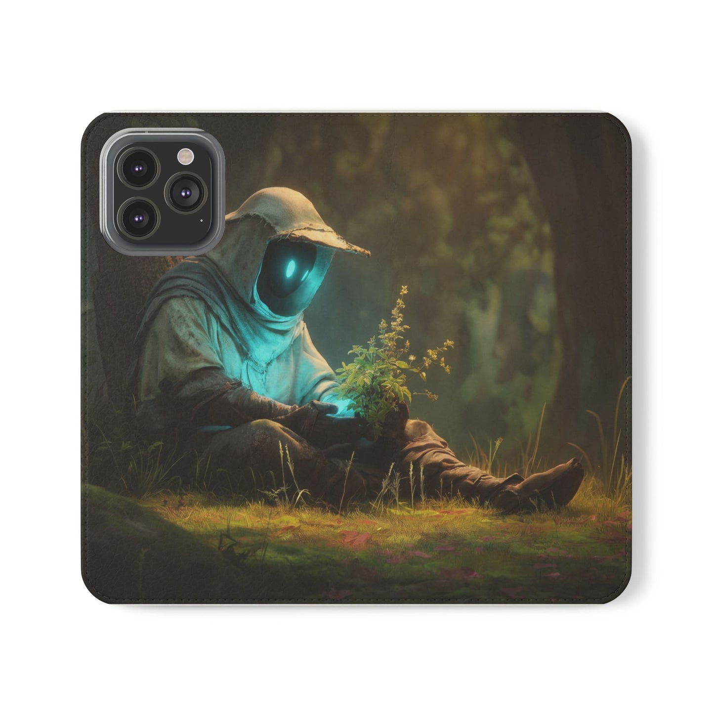Glowing Orb Hooded Guardian Flip Cases – Bioluminescent Forest Keeper