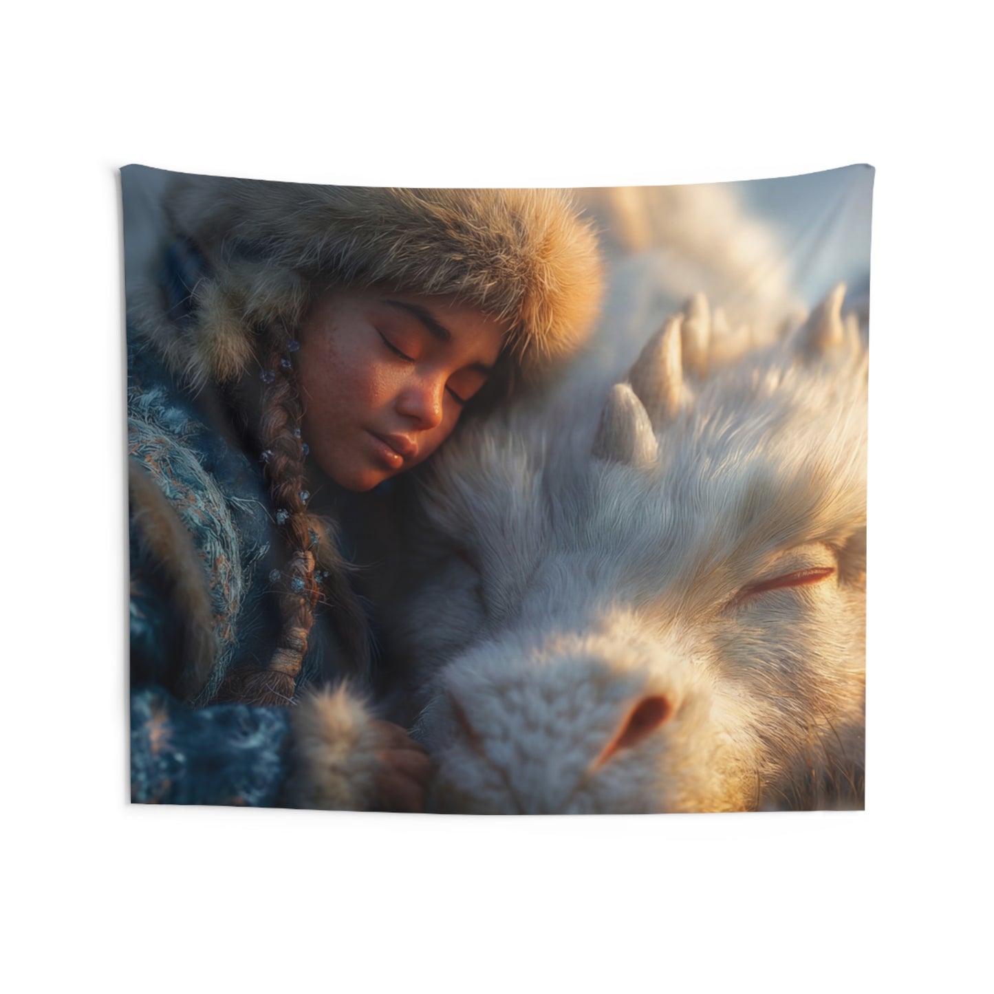 Winter’s Whisper Indoor Wall Tapestries – Child and Dragon in Frost Bloom