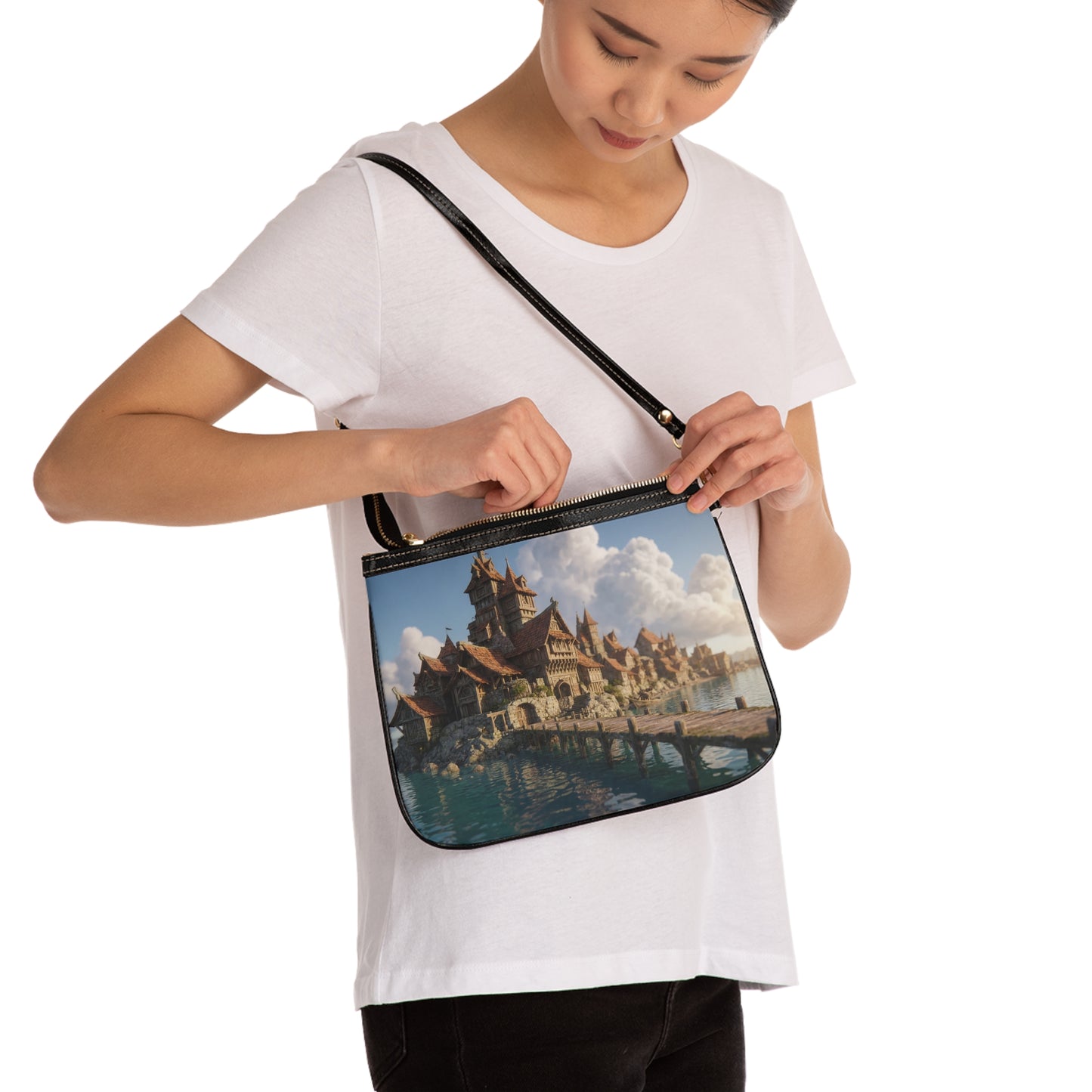 Coastal Viking Village Shoulder Bag – Sunlit Stone & Timber Dreamscape