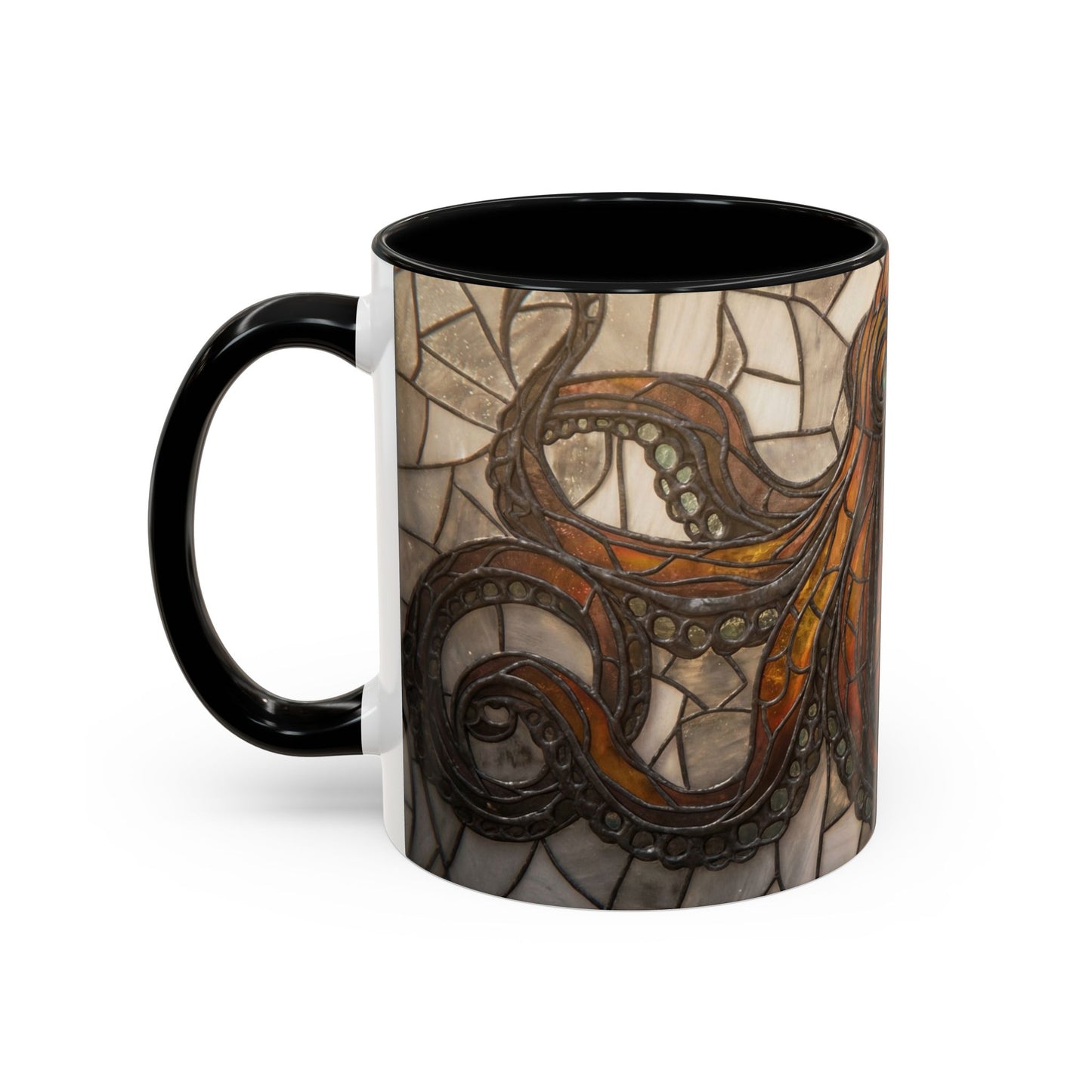 Stained Glass Octopus Accent Coffee Mug – Amber Tentacle Mosaic Art