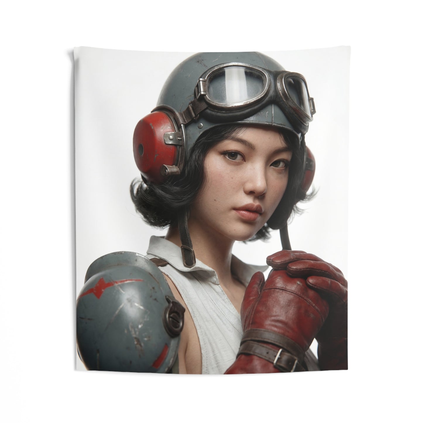 Vintage Pilot Portrait Indoor Wall Tapestries – Crimson Goggles & Steel Resolve