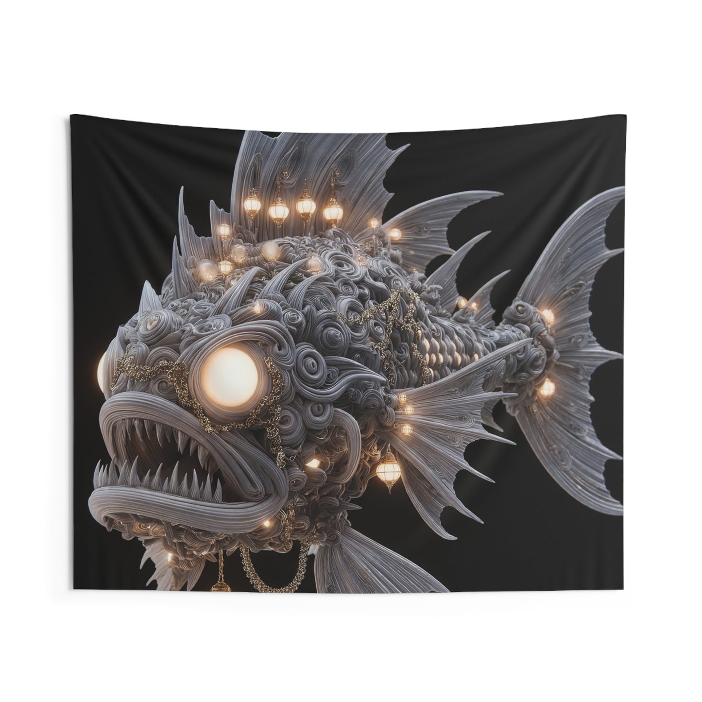 Luminous Deep-Sea Guardian Fish Tapestry – Abyssal Lanterns Against Void