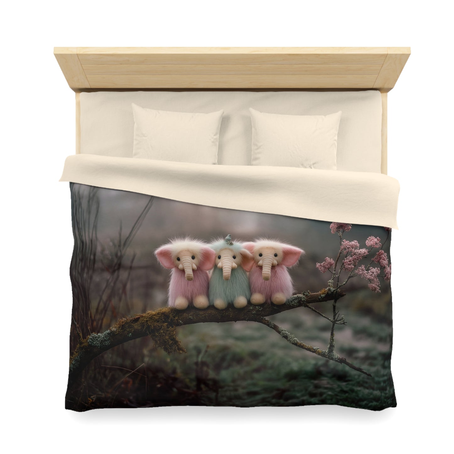 Mossy Branch Elephant Trio Duvet Cover – Pastel Forest Guardians
