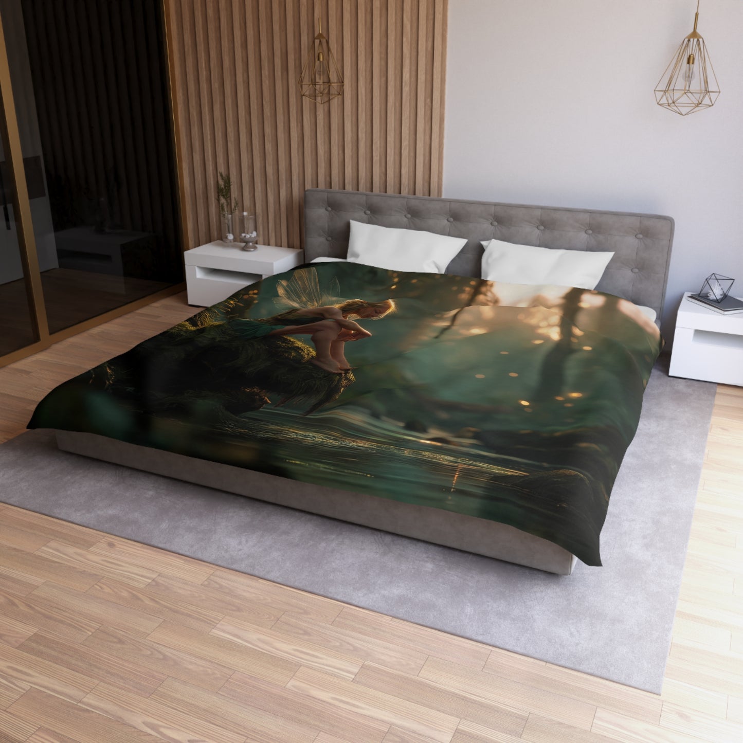 Moss-Clad Fairy River Guardian Duvet Cover – Golden Hour Forest Sanctuary