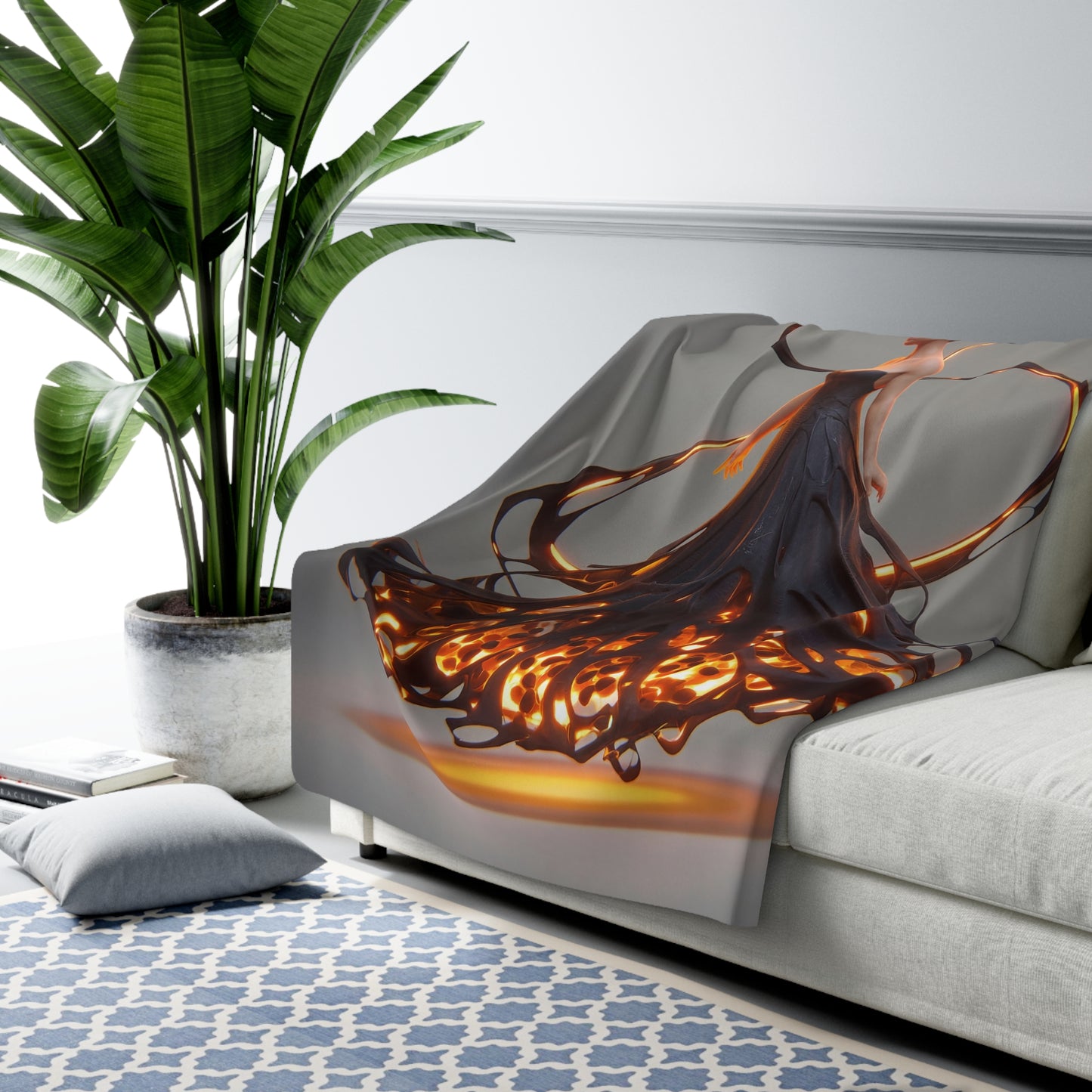 Ember Veil Sherpa Fleece Blanket – Luminous Fire-Thread Gown