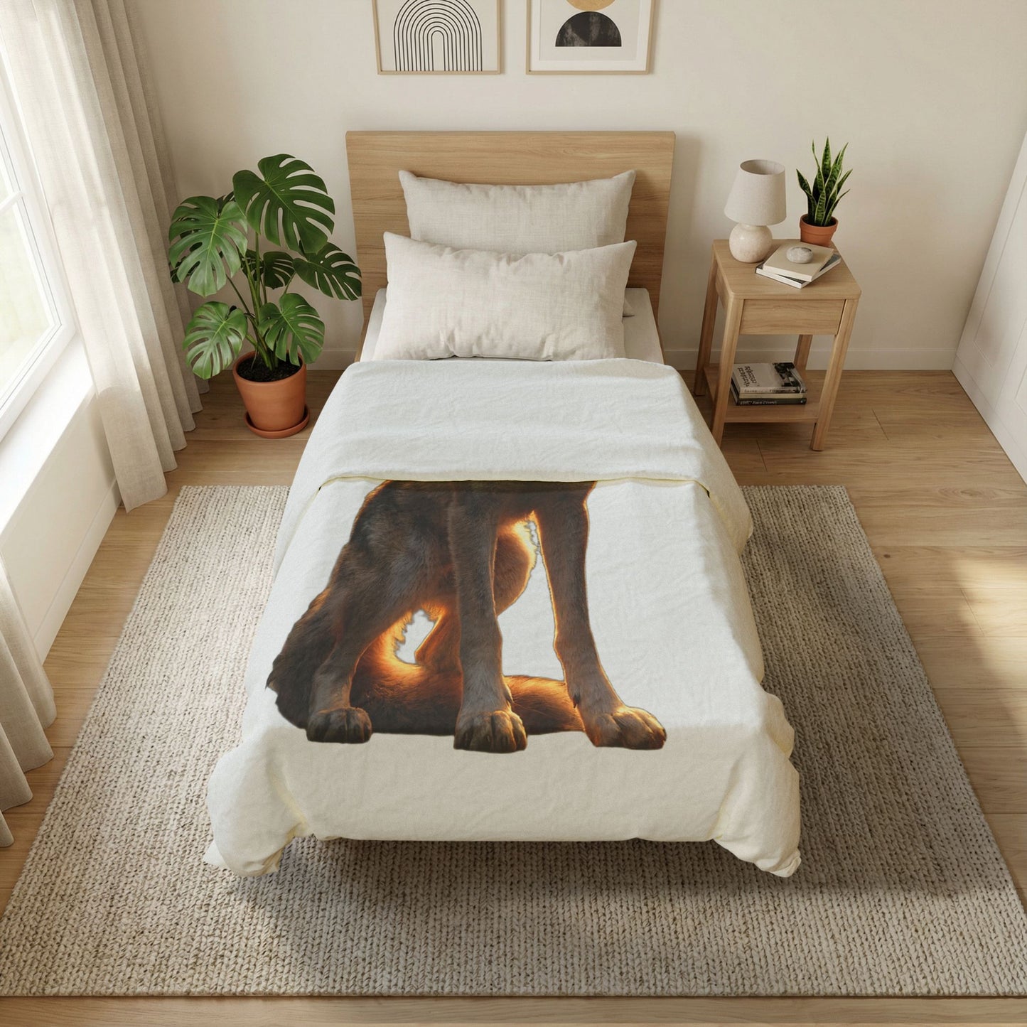 Golden Light Sentinel Wolf Cotton Duvet Cover – Watchful Guardian Night Scene