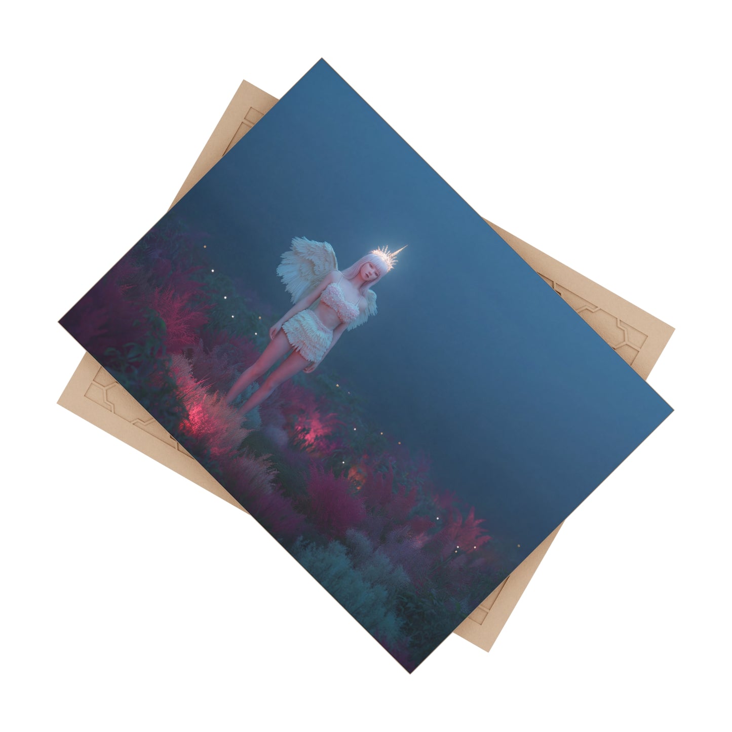 Luminescent Angel in Twilight Meadow Ceramic Photo Tile – Radiant Guardian of the Mist