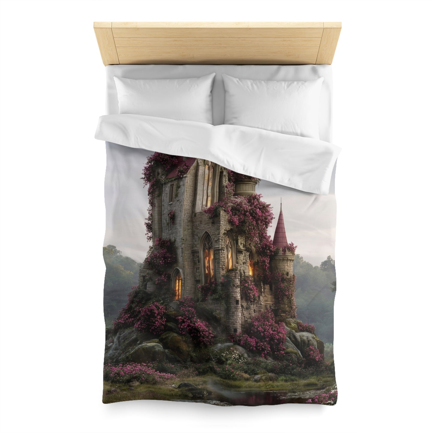 Rose-Covered Castle Microfiber Duvet Cover – Whispers of the Misty Vale