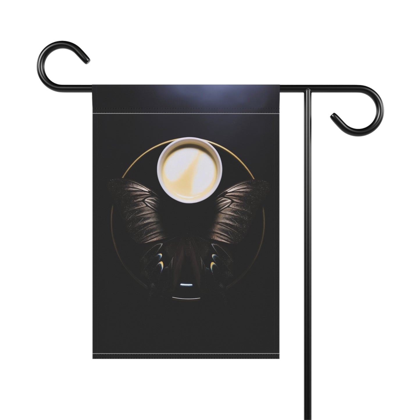 vantablack coffee with cream and sugar, iridescent butterfly wings - Garden & House Banner