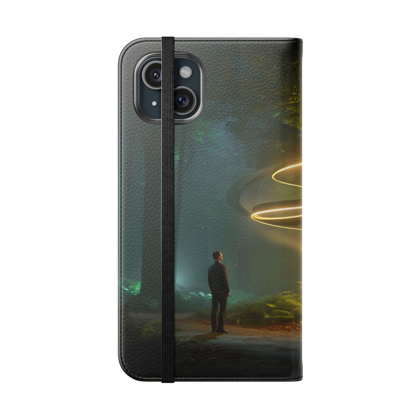 Luminous Spiral Forest Flip Cases – Golden Light Rings Mystery Scene