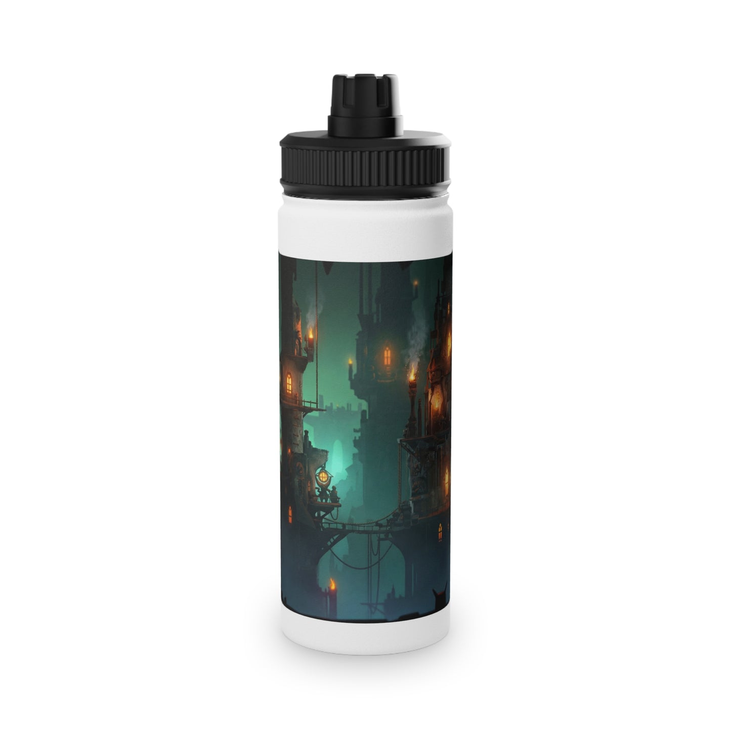 Floating City at Dusk Stainless Steel Water Bottle, Sports Lid – Amber Lights in the Mist