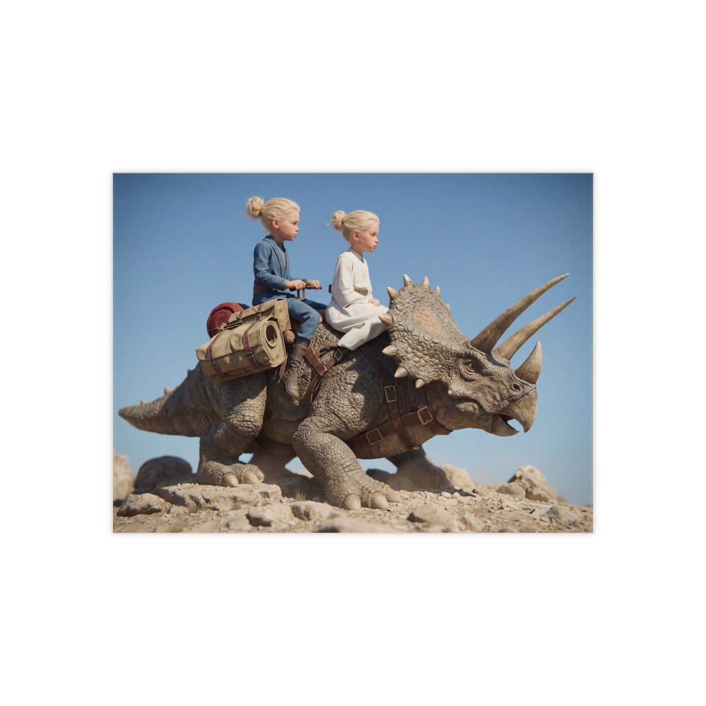 Twin Adventurers on Triceratops Ceramic Photo Tile – Dusty Desert Ride Under Clear Skies