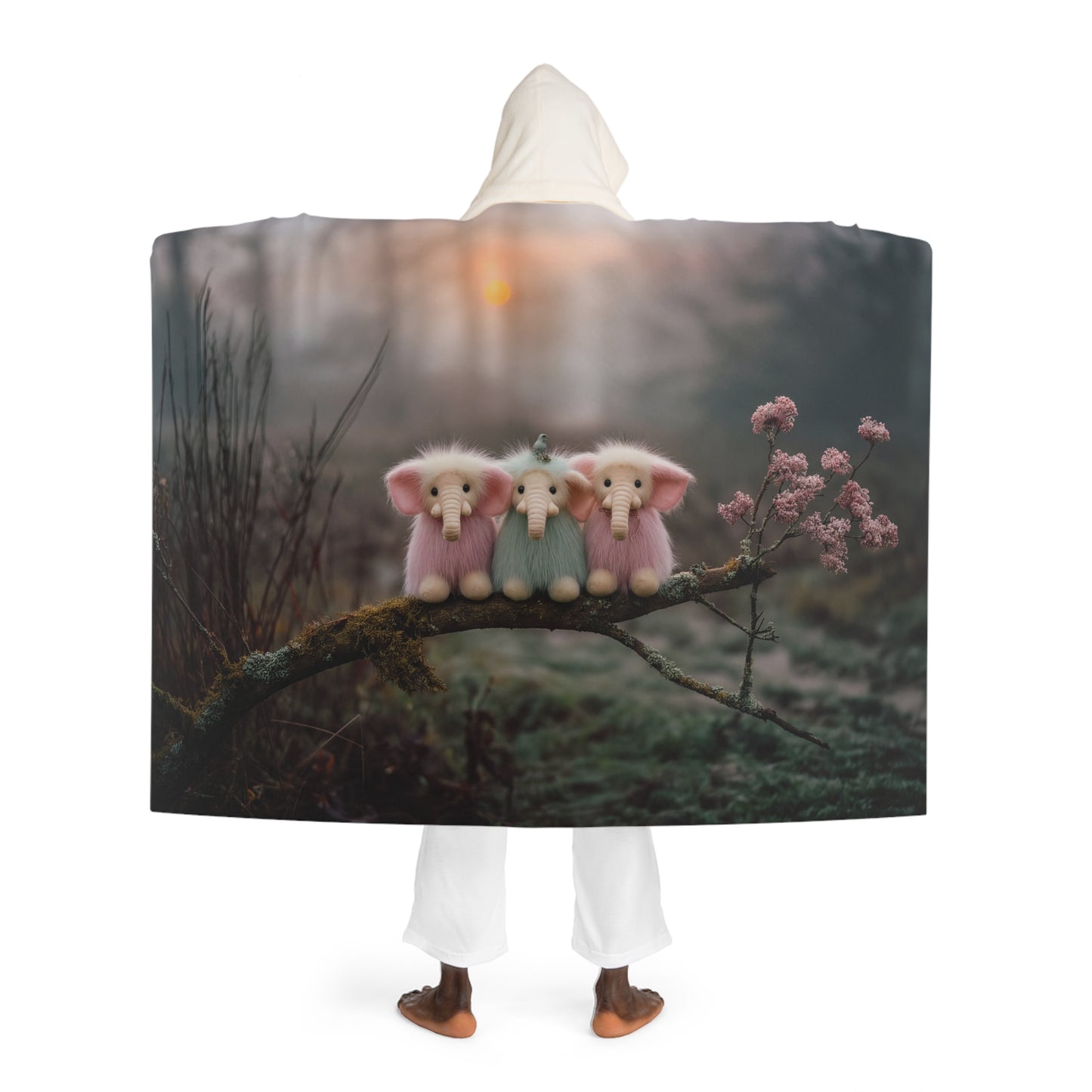 Mossy Branch Trio Hooded Sherpa Fleece Blanket – Pastel Elephants at Dusk