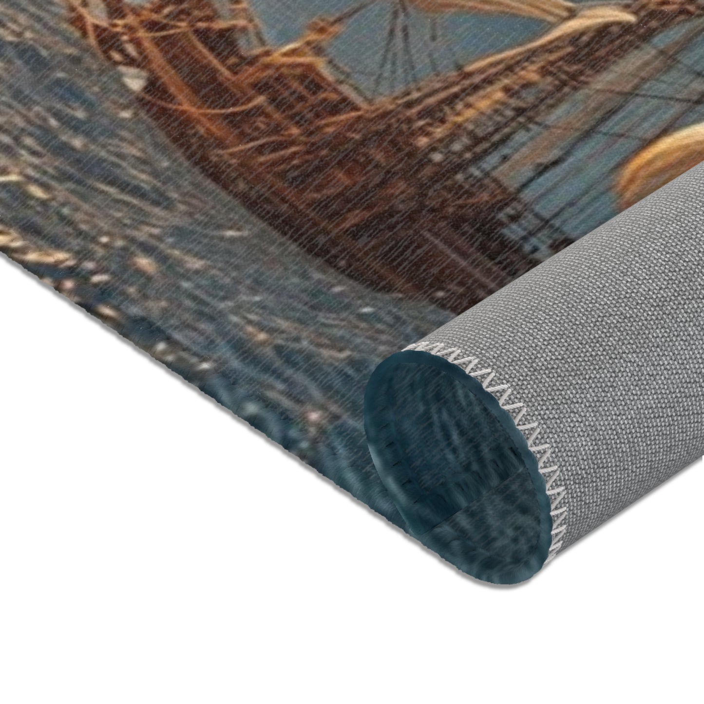 Storm-Sailed Ship in Bottle Area Rug – Captured Gale on Pebbled Shore