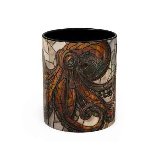 Stained Glass Octopus Accent Coffee Mug – Amber Tentacle Mosaic Art