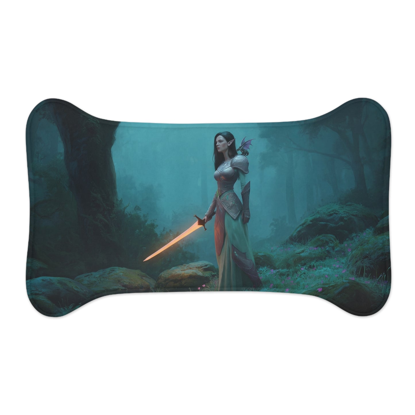 Guardian Elf Pet Feeding Mats – Mossy Forest Sentinel with Glowing Blade