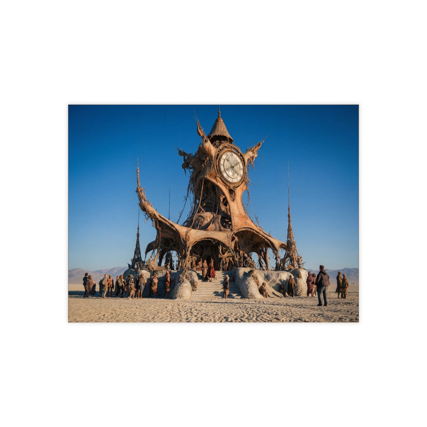 Desert Clocktower Ceramic Photo Tile – Whimsical Timekeeper in Sun-Drenched Wasteland