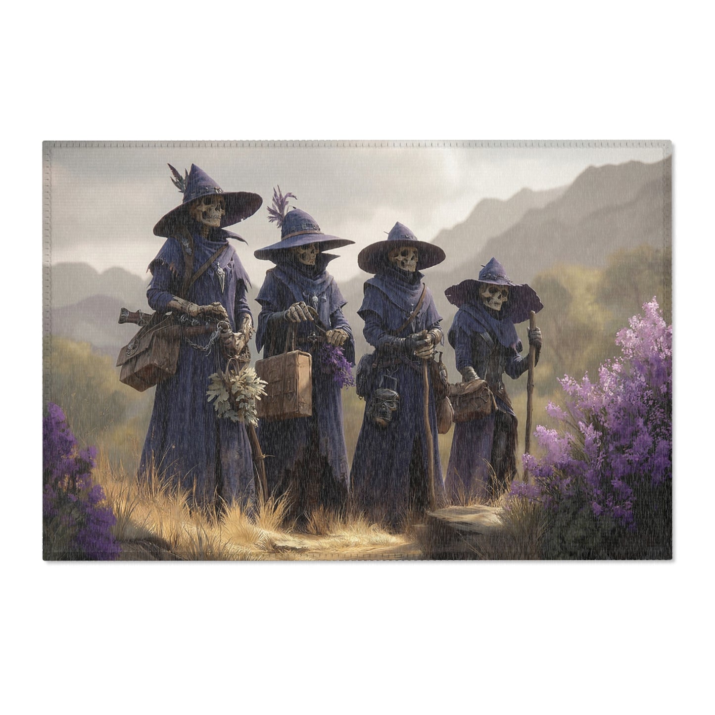 Four Wandering Skeletal Wizards Area Rug – Purple Hooded Pilgrims Through Misty Peaks