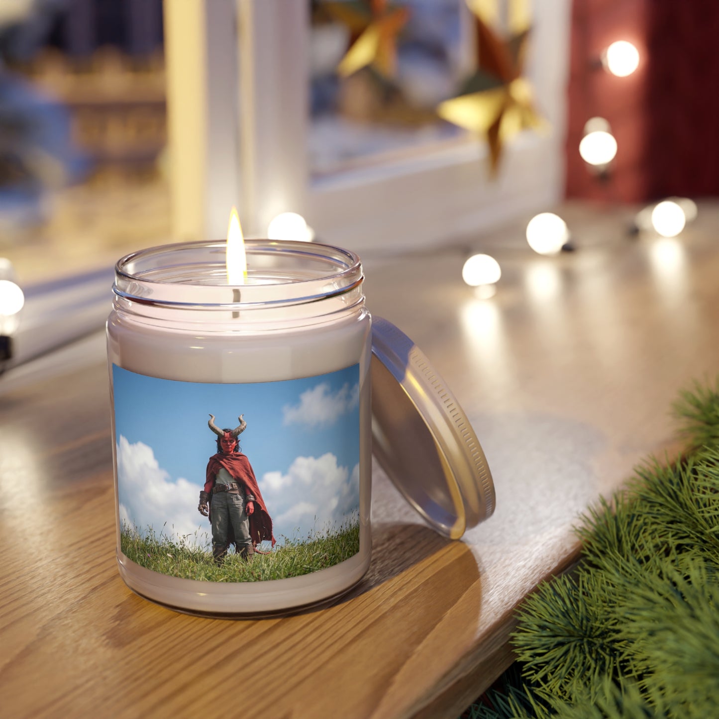 Red-Skinned Demon Warrior Scented Soy Candles with White Lid, 9oz – Standing Ground in Sunlit Grass