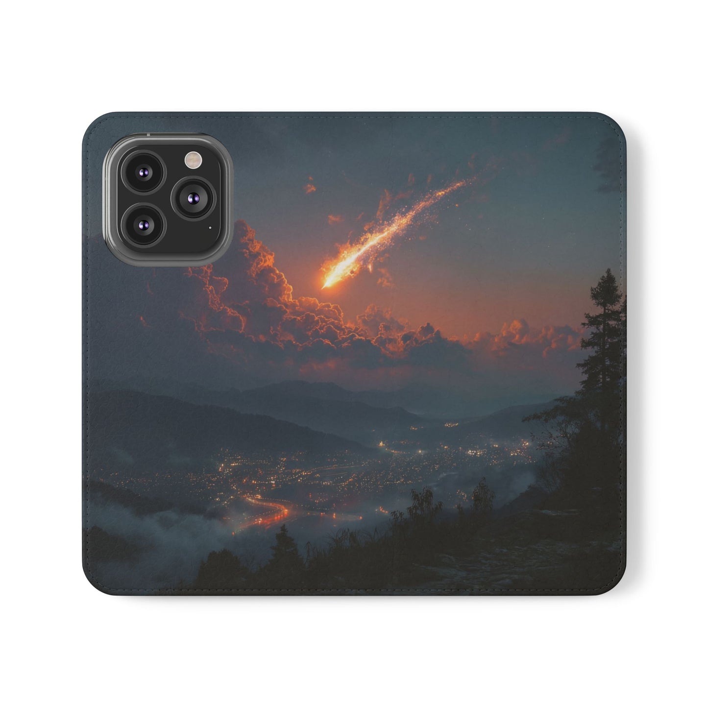 Meteor Over Valley Flip Cases – Crimson Sky Sentinel Cover