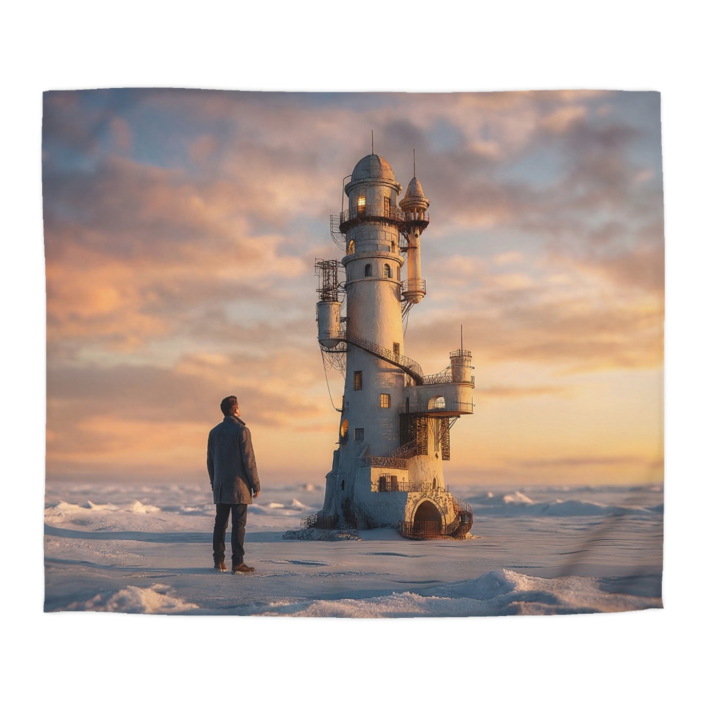 Lighthouse Keeper Microfiber Duvet Cover – Warm Glow on Frozen Horizon