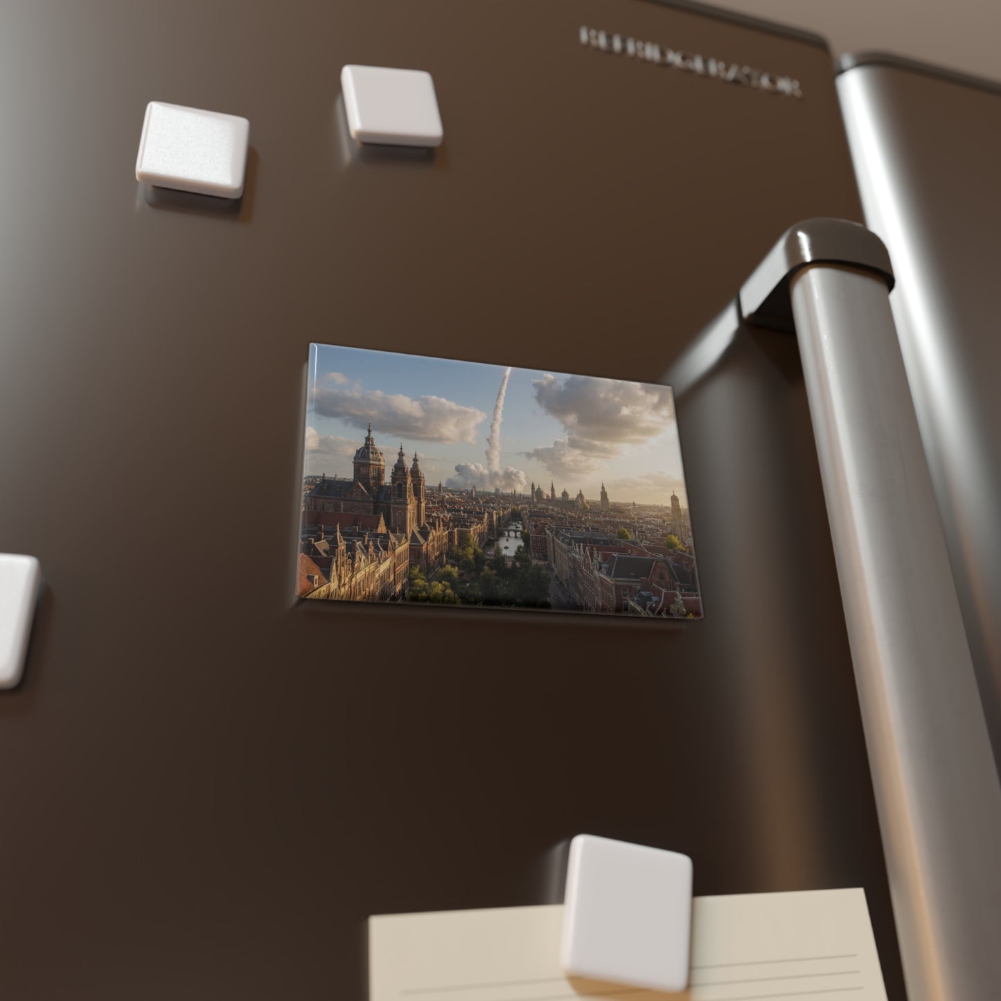 Rocket Over Amsterdam Skyline Button Magnet, Rectangle (1 & 10 pcs) – Dawn’s Silent Ascent Through Brick Canals