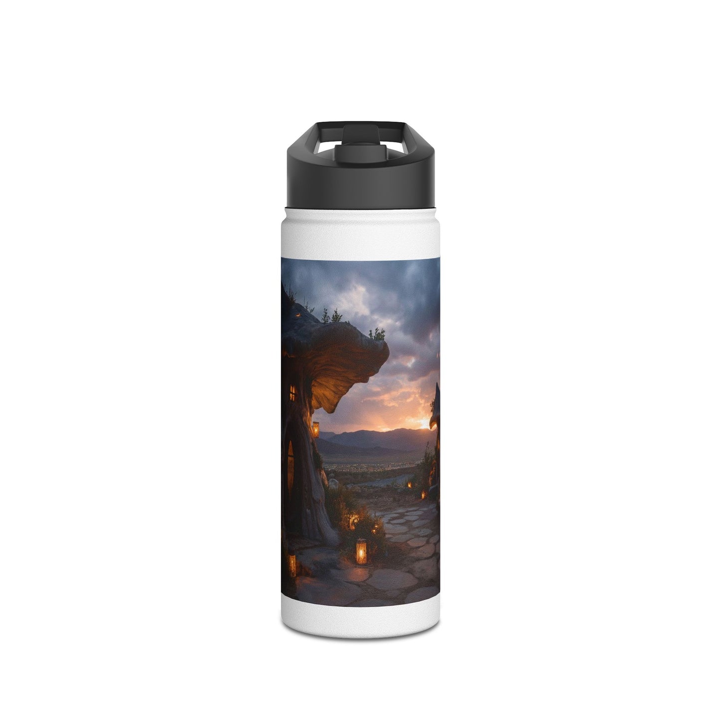 Mushroom Cottage Sunset Water Bottle – Warm Glow Haven Standard Lid
