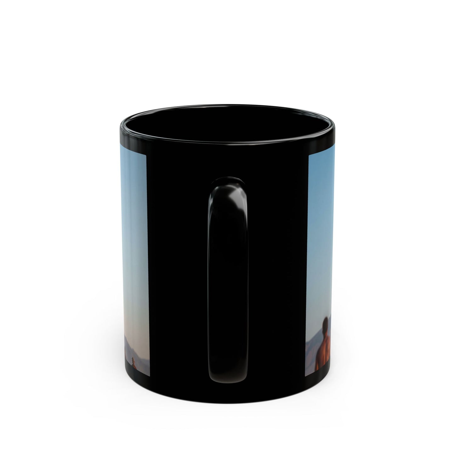 Clocktower in the Dust Black Mug – Wandering Timekeeper in the Desert