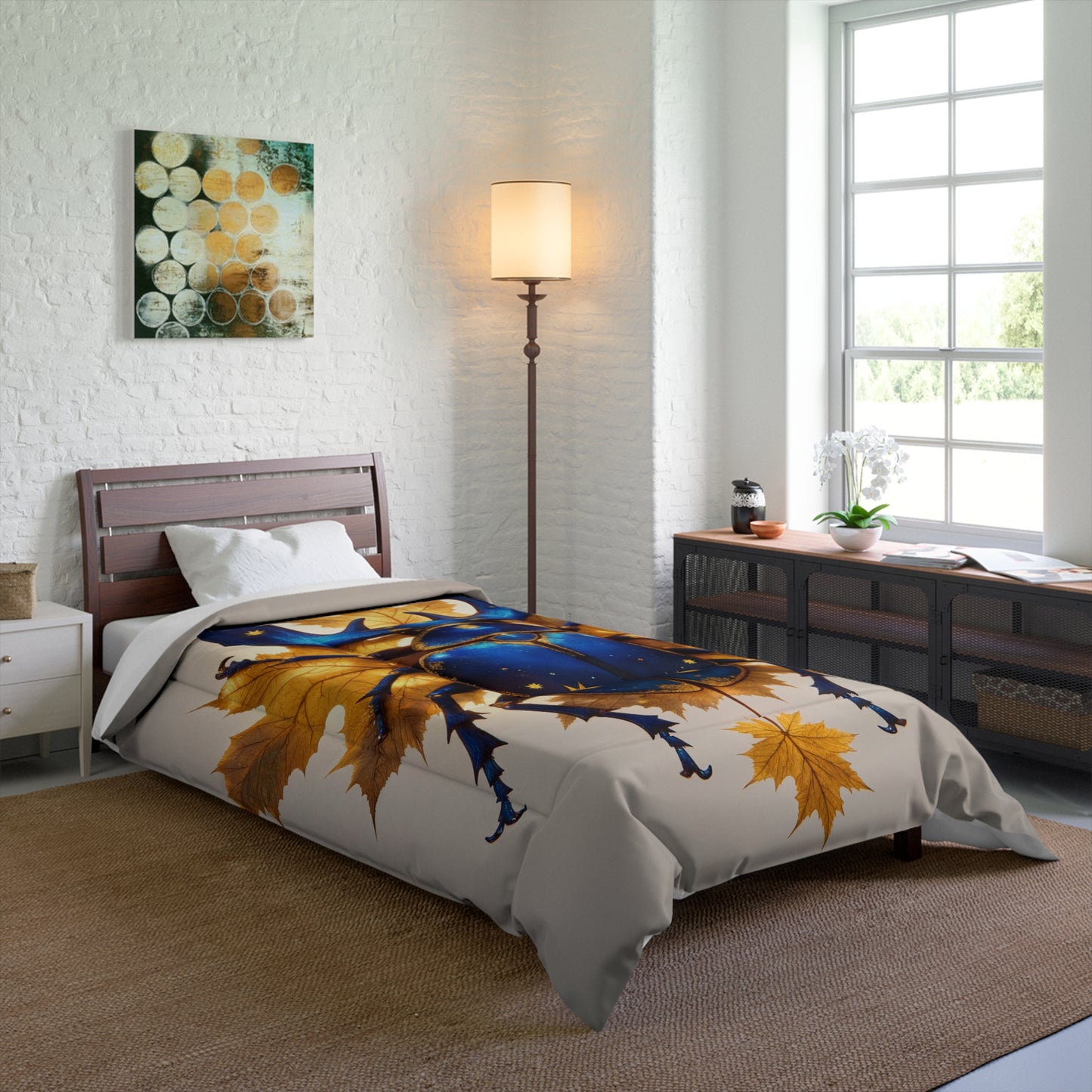 Celestial Beetle Comforter – Starry Blue Guardian Among Autumn Leaves