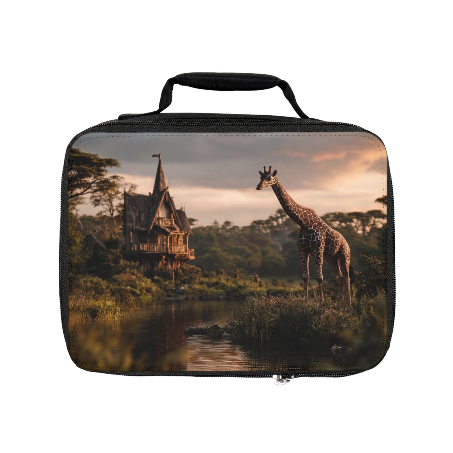 Giraffe by the Waterfall House Lunch Bag – Sunset Sanctuary Scene