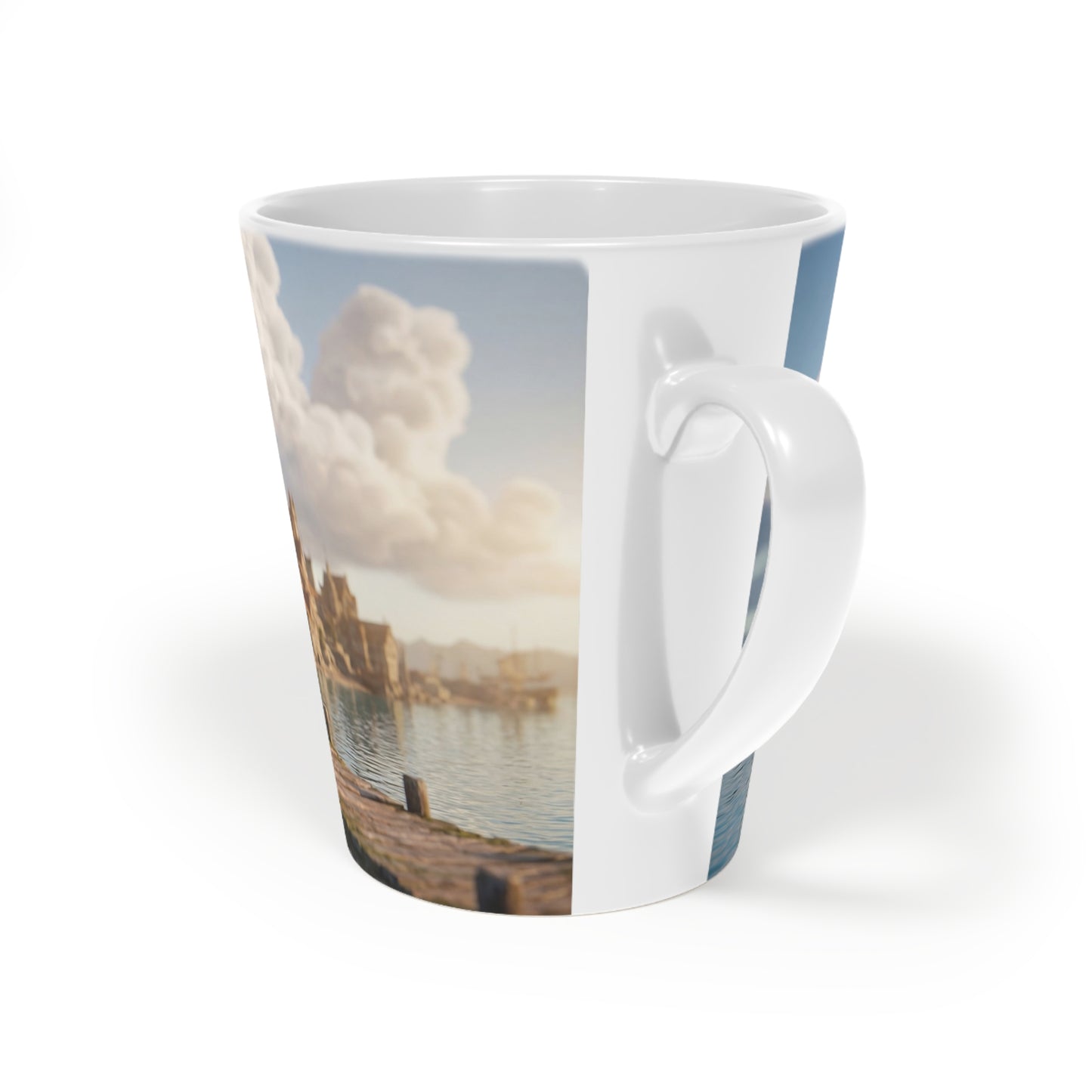 Coastal Viking Village Latte Mug, 12oz – Sunlit Stone & Timber Dreamscape