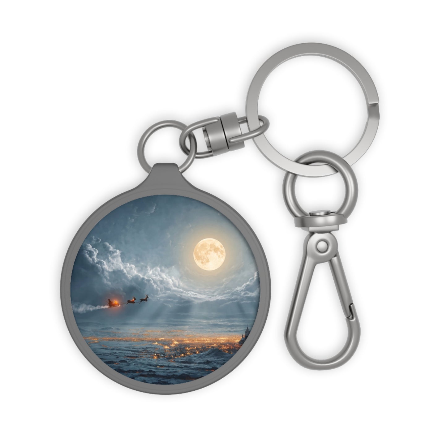 Midnight Sleigh Ride Keyring Tag – Lunar Glow Over Winter Town